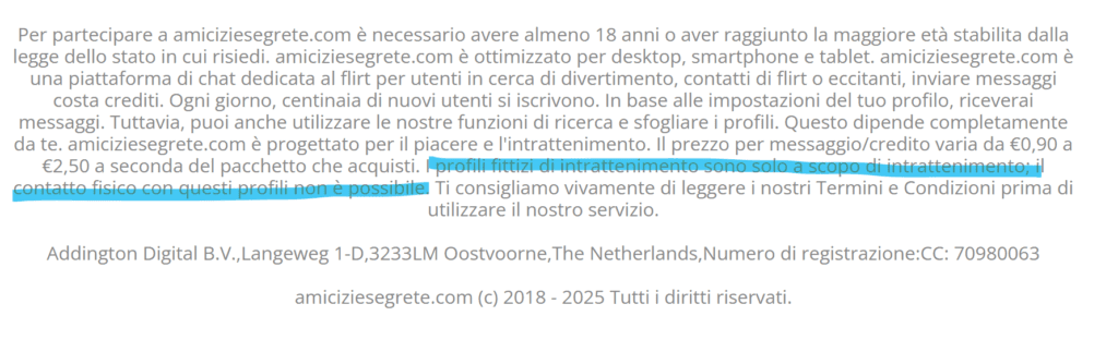 Nel footer del sito possiamo leggere questo testo che ci avverte della presenza di profili falsi.