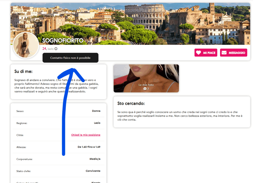 Qui possiamo vedere il messaggio lasciato nel cuore, che ci avverte che si tratta di un profilo falso.