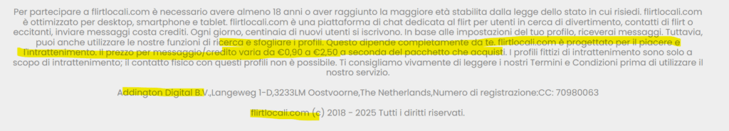 Nel footer abbiamo la confessione che si tratta di una truffa con profili falsi.