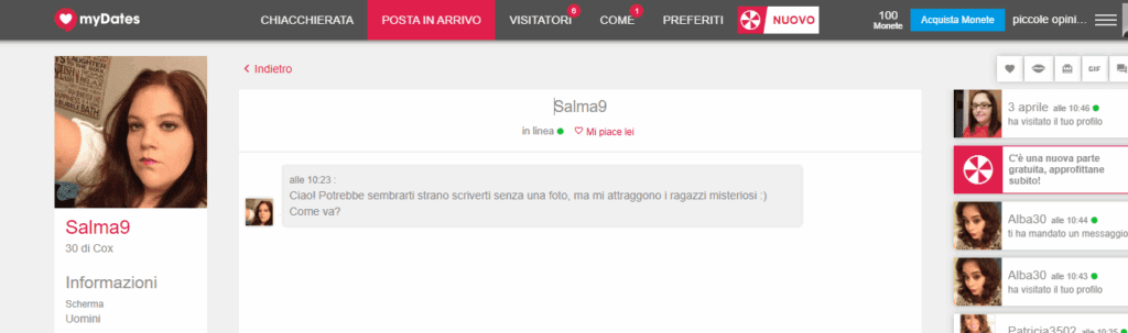 Abbiamo ricevuto questo messaggio pochi secondi dopo la registrazione, senza foto del profilo né descrizione.