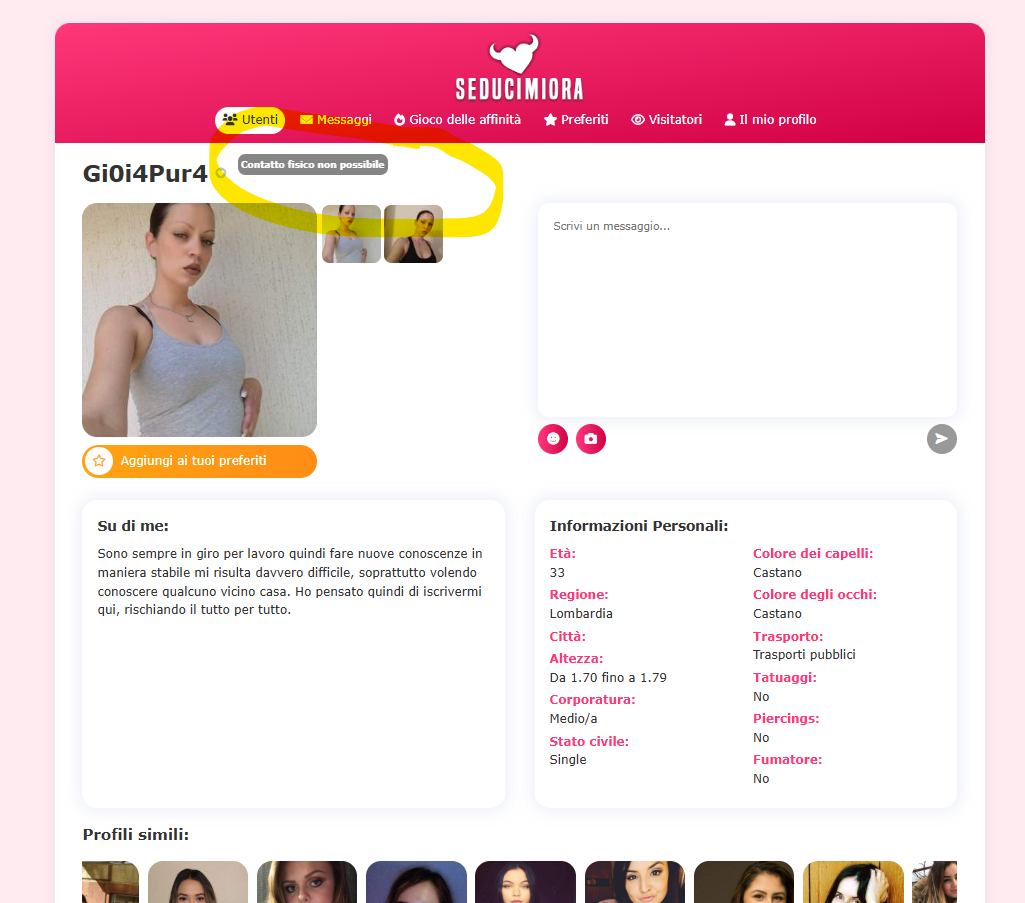 Questo è un esempio di profilo falso, si noti il testo che abbiamo evidenziato.