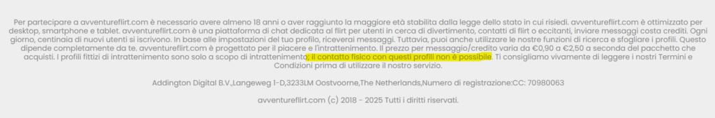Nel piè di pagina si può notare come si mettano in guardia dai profili falsi, probabilmente per evitare problemi legali.